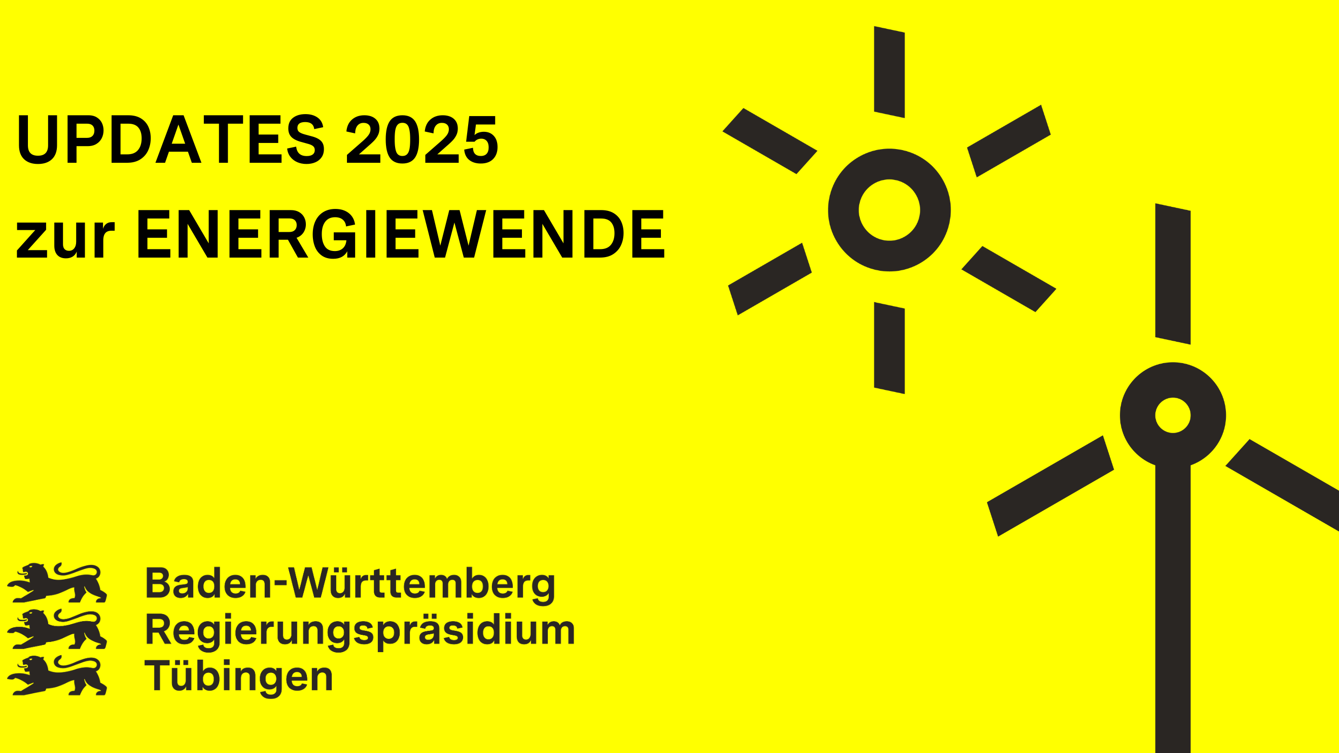 Auf gelbem Hintergrund sieht man eine Windkraftanlage und eine Sonne mit dem Schriftzug Updates 2025 der StEWK