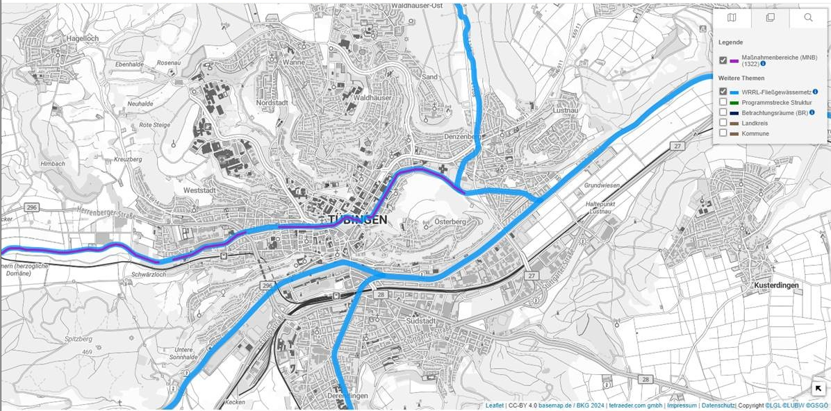 Karte einer Revitalisierung der Ammer in Tübingen