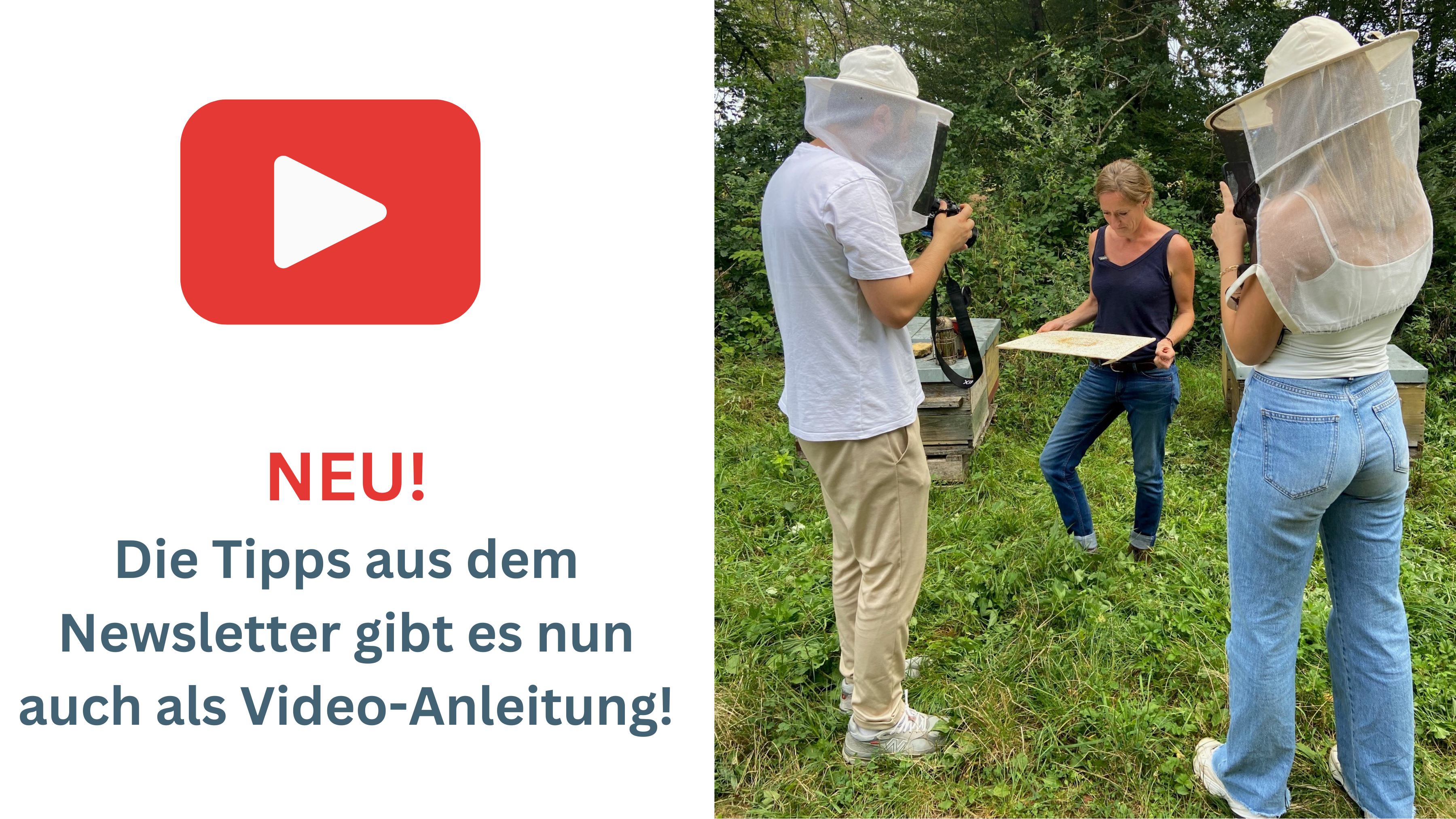 Zwei Menschen stehen mit Bienenschutzhut vor einem Bienenkasten und filmen mit Handys. Hinter dem Bienenkasten steht die Imkerin und erklärt.