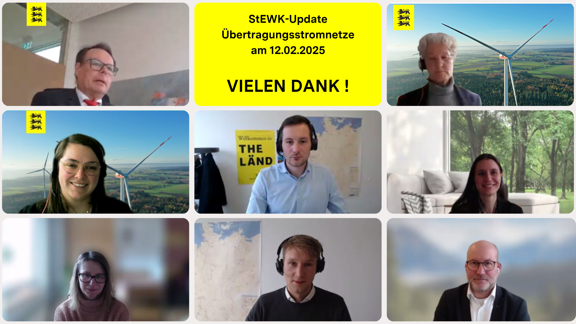 Das Foto zeigt einen Screenshot von dem Webex-Meeting StEWK-Update Übertragungsstromnetze; man sieht 8 Personen auf einem Bildschirm