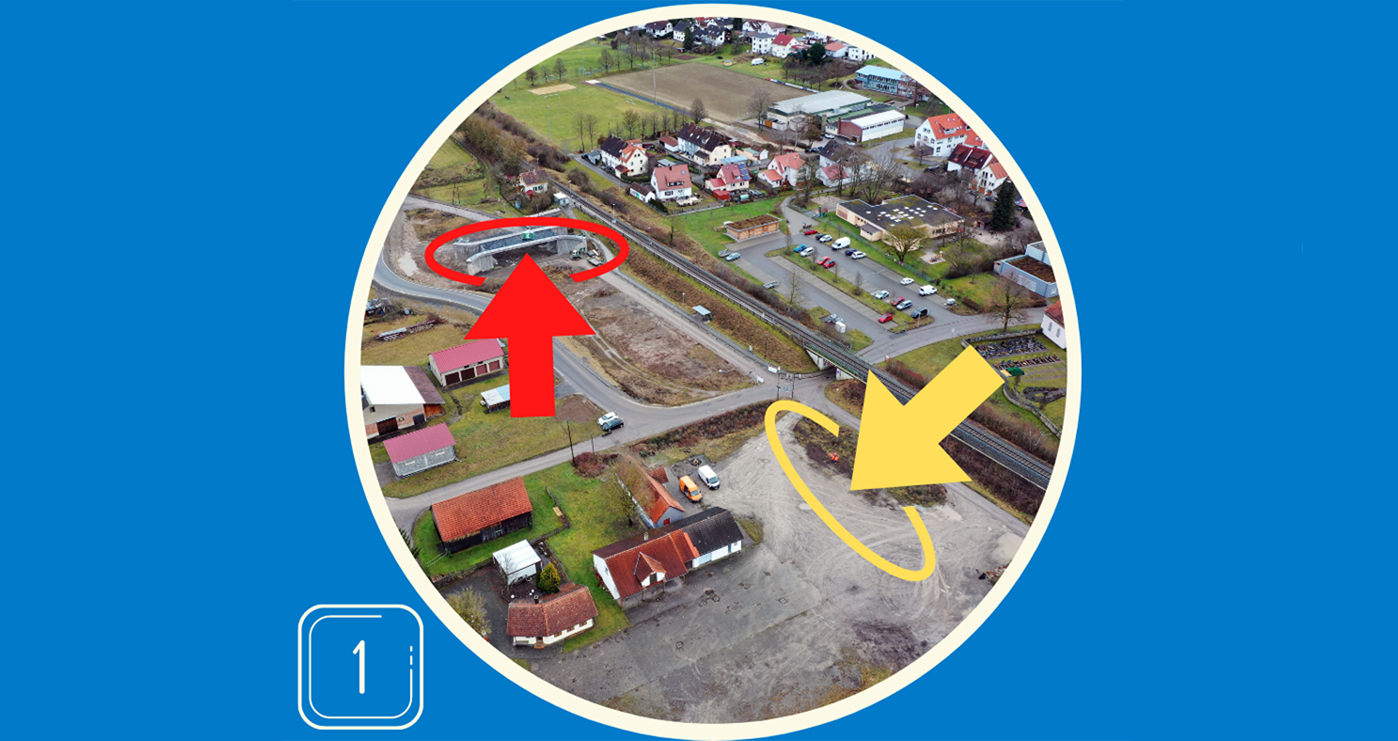 Baustelle B 28 bei Kiebingen mit Kennzeichnung des Regenrückhaltebeckens und der Brücke