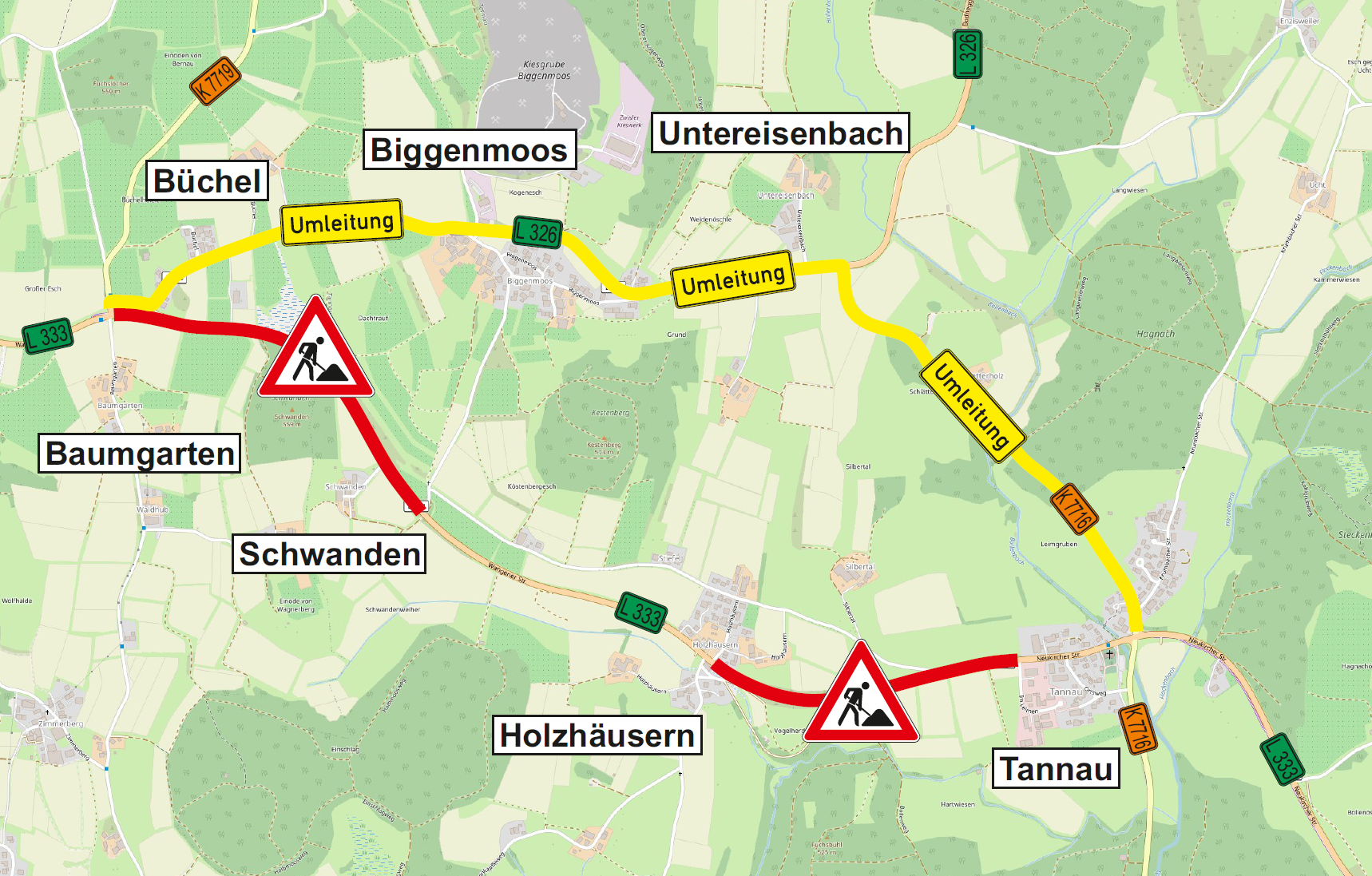 Das Foto zeigt die Umleitungsskizze L 333 - Neubau eines Radweges zwischen Tettnang-Büchel und Schwanden