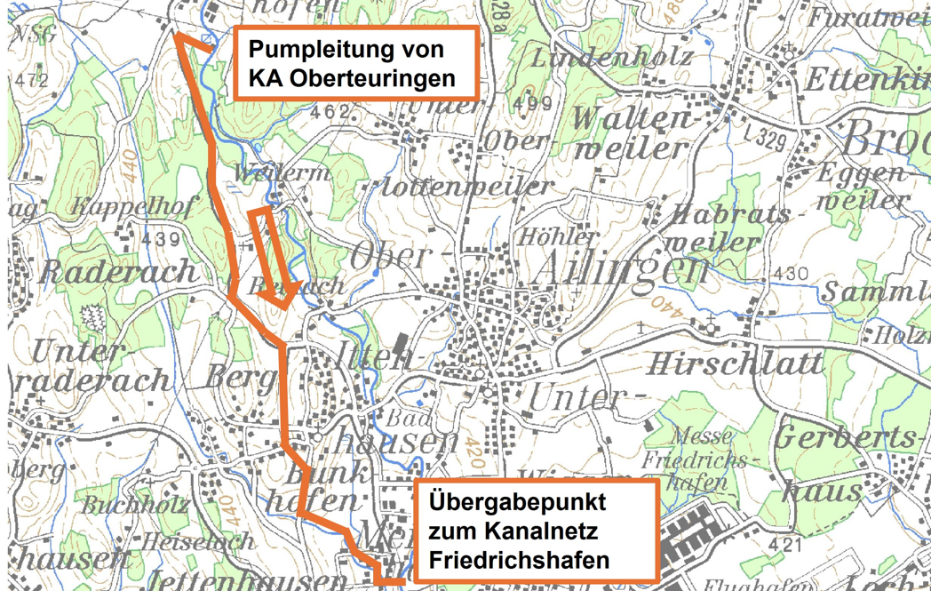 Das Bild zeigt die Trasse der geplanten Anschlussdruckleitung von Oberteuringen bis Friedrichshafen.