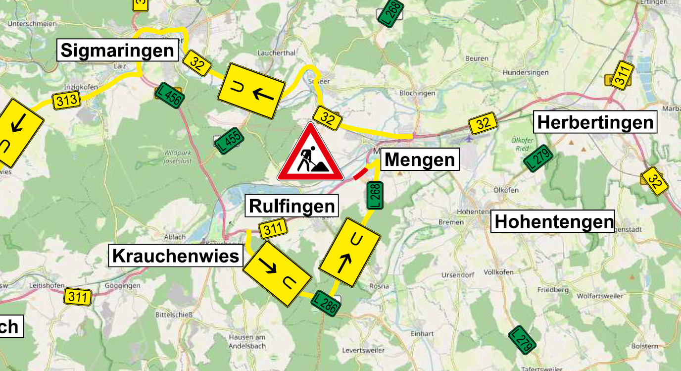 Es handelt sich um die Umleitungsskizze Fahrbahnerneuerung vom Gewerbegebiet am Obereschring bis zum Kreisverkehr B 311 / Meßkircher Straße.