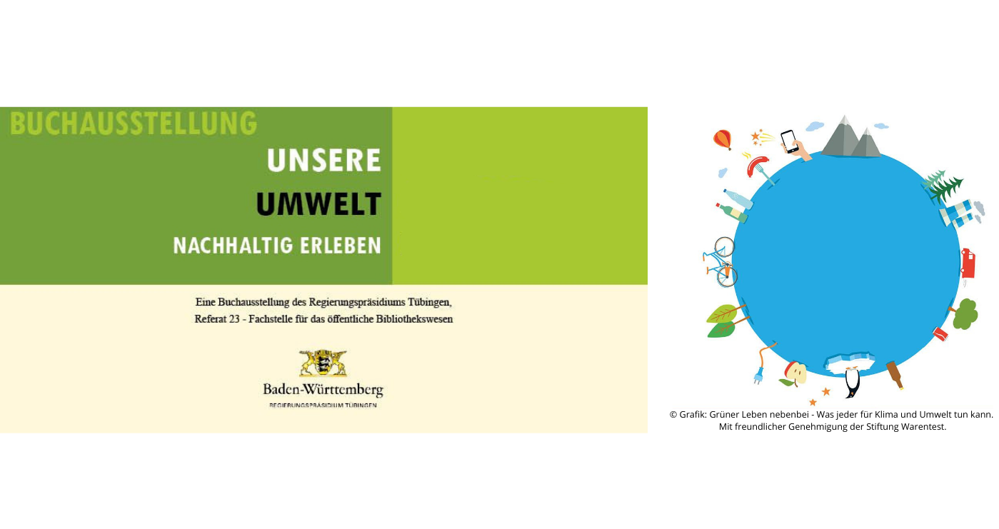 Ausstellungsplakat - Buchaustellung "Unsere Umwelt - nachhaltig erleben"; man sieht eine blaue Weltkugel mit verschiedenen Symbolen für das Leben auf der Erde