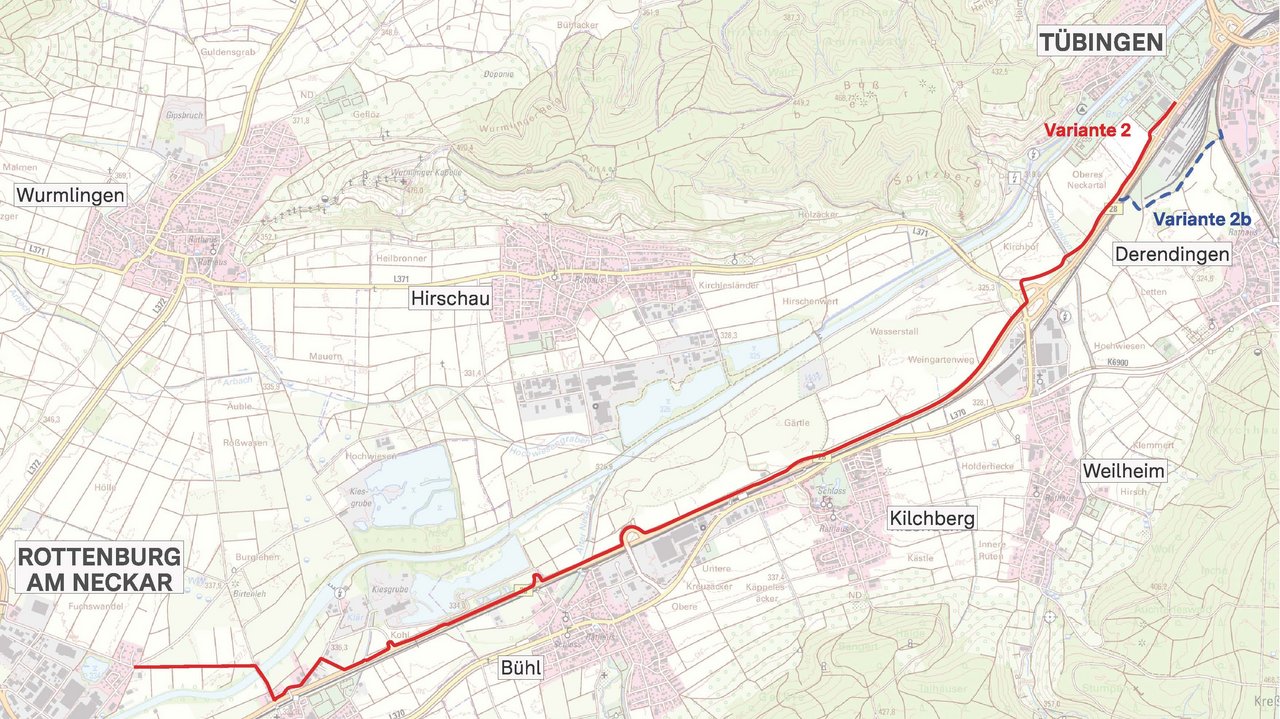 Das Foto zeigt eine Skizze der Planungsvarianten bei dem Radschnellweg RS 11 (L) Tübingen - Rottenburg a. N.