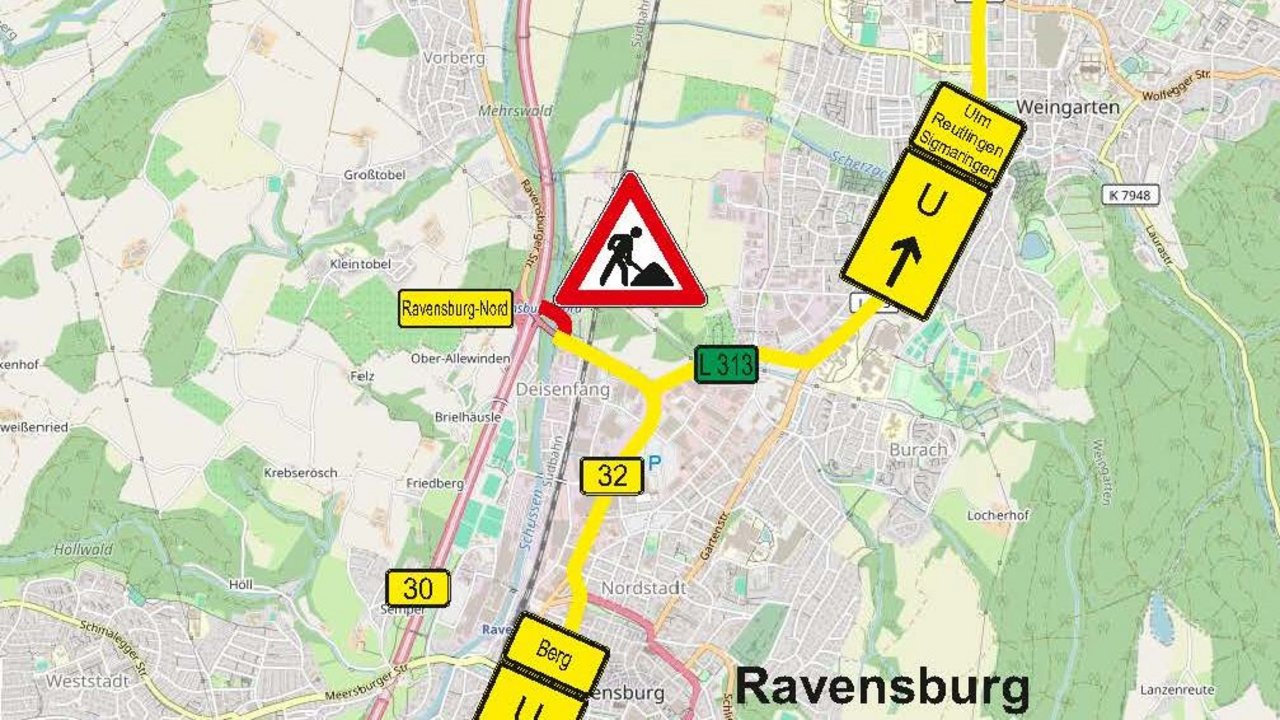 Das Foto zeigt die Umleitungsskizze B 30 Brückeninstandsetzungsarbeiten an der Anschlussstelle Ravensburg-Nord