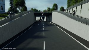 Eine 3D-Visualisierung der Maßnahme. Die Persepktive des Bildes ist wie aus einem fahrenden Auto heraus, der Betrachter sieht in die neue Unterführung hinein. 