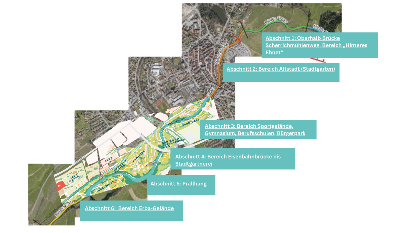 LGS Plan mit eingetragenen Abschnitten der Renaturierung