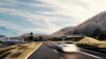 Eine computergenereierte Visualisierung einer Fußgängerbrücke aus Perspektive der Autofahrenden