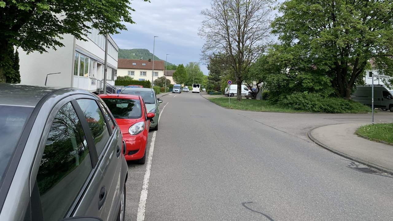 Das Foto zeigt eine Kreuzung in einer Ortschaft. Am linken Straßenrand parken Autos