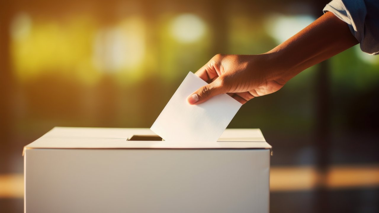 Das Foto zeigt eine Hand, die einen Wahlzettel in den Schlitz einer Wahlurne gibt