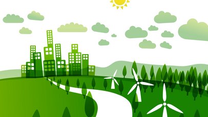 Grüne Zeichnung, die Nachhaltigkeit darstellen soll. Im Hintergdung eine gezeichnete Stadt mit Hochbaute, davor eine Landschaft mit Bäumen, Windkraftanlagen und einer Straße