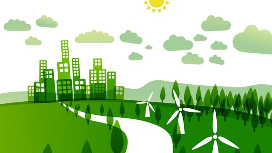 Grüne Zeichnung, die Nachhaltigkeit darstellen soll. Im Hintergdung eine gezeichnete Stadt mit Hochbaute, davor eine Landschaft mit Bäumen, Windkraftanlagen und einer Straße