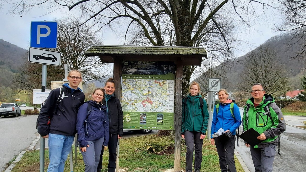 Auf dem Bild sieht man vier Frauen und zwei Männer in Wanderbekleidung vor dem Wanderparkplatzschild Gutenberg