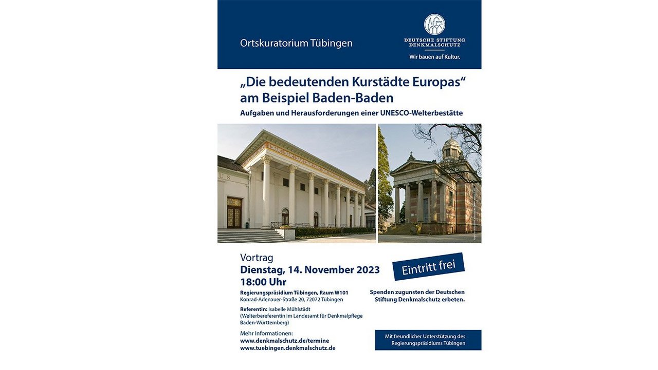 Das Foto zeigt ein Einladungsplakat. Darauf sind zwei Gebäude denkmalgeschützte Gebäude abgebildet