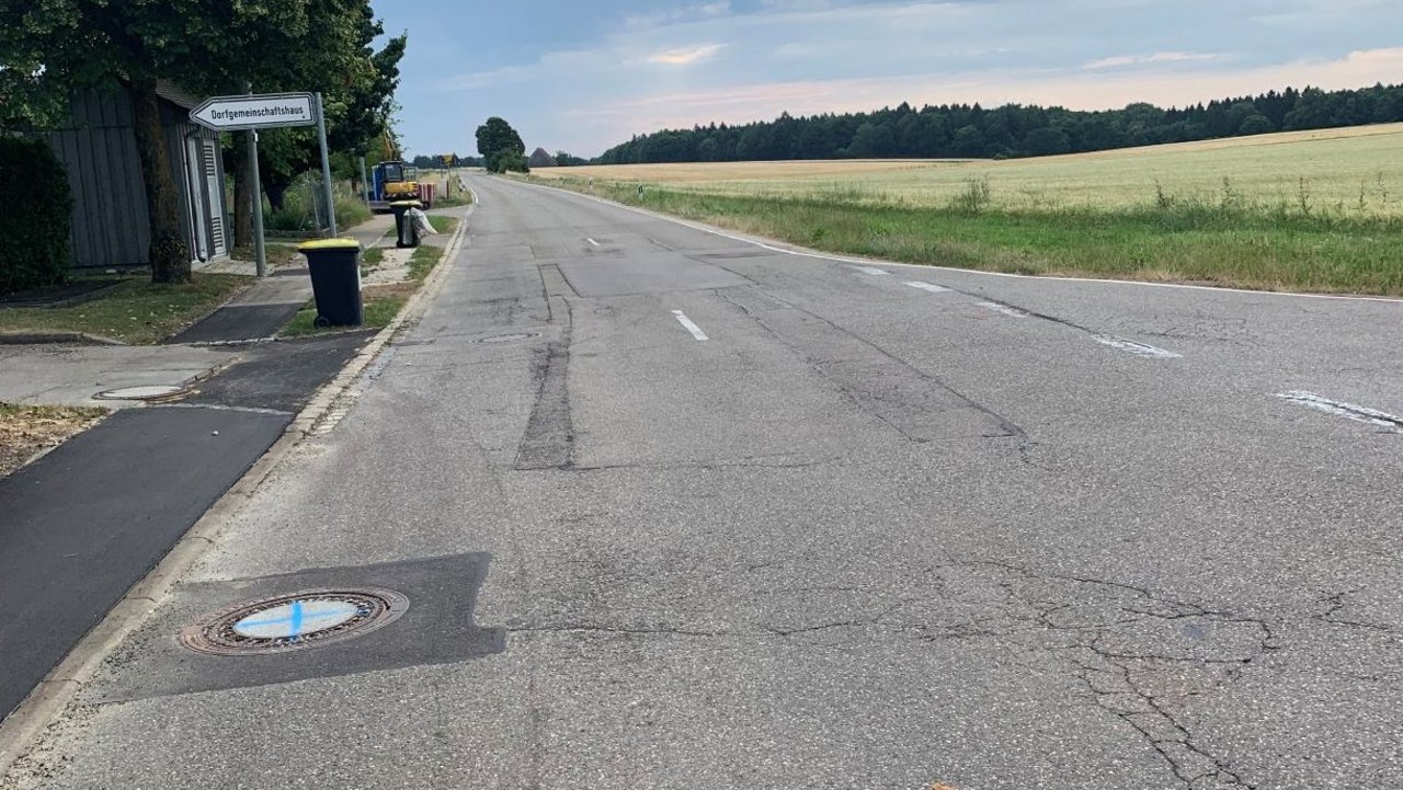 Das Foto zeigt die den schadhaften Fahrbahnbelag der L 1232