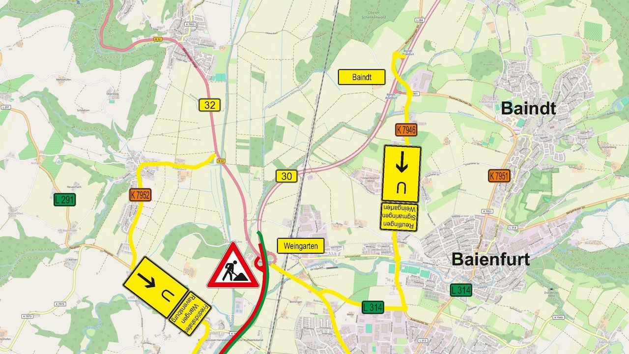 Das Foto zeigt die Umleitungsskizze B 30 Ravensburg-Nord - Weingarten Phase 2