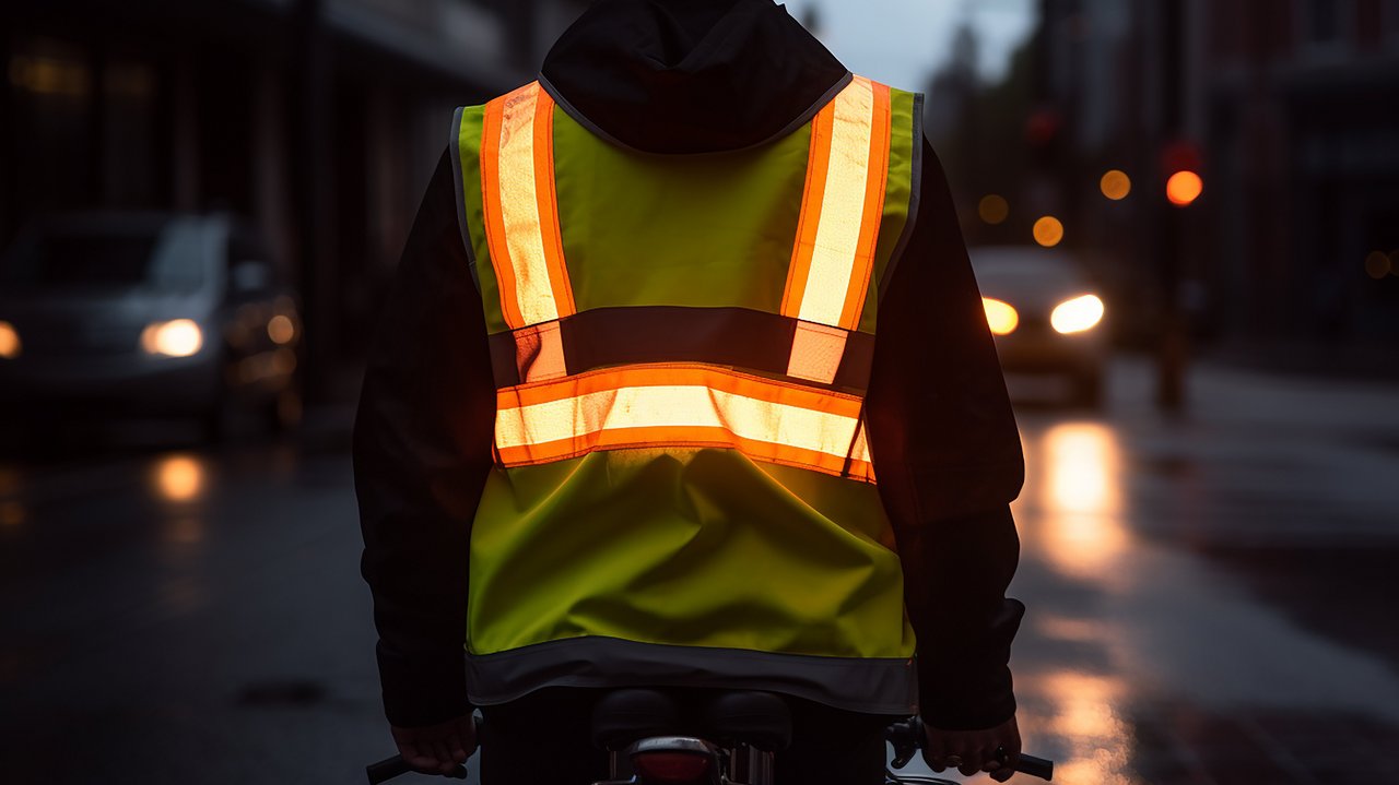 Das Foto zeigt eine Person von hinten, die mit einem Fahrrad durch die Dunkelheit fährt. Sie trägt Reflektoren am Rücken.