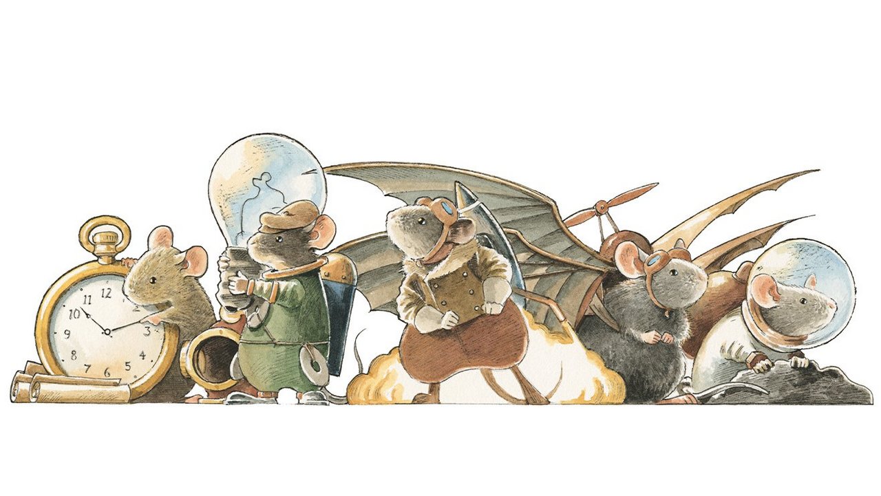 Das Foto zeigt eine Illustration auf der fünf Mäuse abgebildet sind. Zwischen den Mäusen sieht man einen Wecker, eine Glühbirne und ein Flugzeug