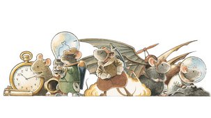 Das Foto zeigt eine Illustration auf der fünf Mäuse abgebildet sind. Zwischen den Mäusen sieht man einen Wecker, eine Glühbirne und ein Flugzeug