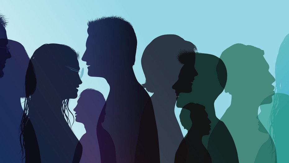 Dialog eine Gruppe von Menschen diskutiert miteinander. Die menschen sind als Shilouetten dargestellt und sind in Blau- und Grüntönen eingefärbt.