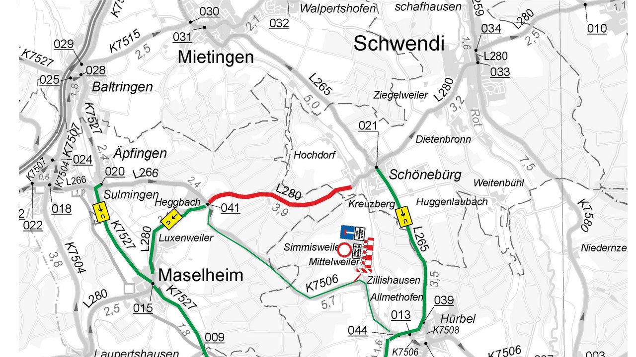 Das Bild zeigt einen Lageplan mit Umleitungseinzeichnungen L 280 Heggbach - Schönebürg