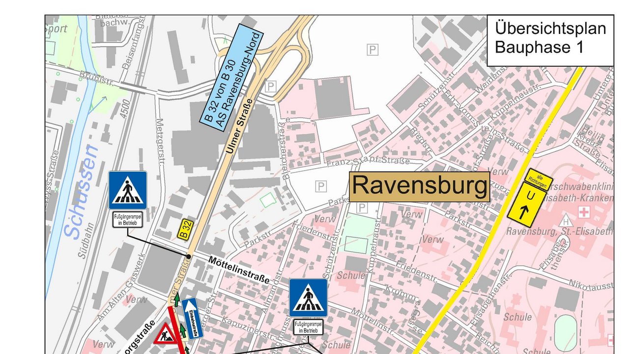 Umleitungsskizze B 32 für die Verkehrsführung innerorts