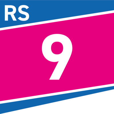 Das Logo des Radschnellwegs 9, eine große weiße neun auf lila Grund