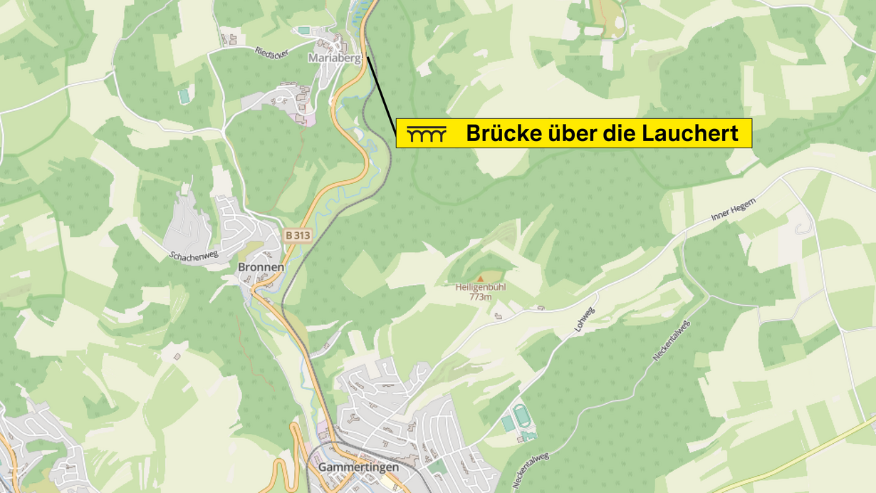 Eine Karte, auf der der Standort der Brücke über die Lauchert im Zuge der B 313 bei Gammertingen-Mariaberg markiert ist.