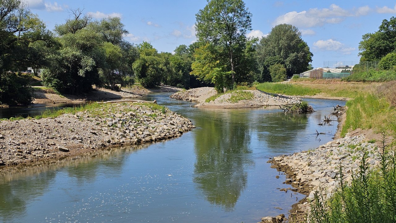 Foto nach der Revitalisierung des Flussparks Neckaraue; Man sieht den revitalisierten Neckar; links und rechts Kies und Sträucher