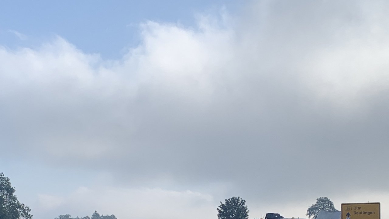 Eine Aspaltierungsmaschine fährt über eine Straße, rechts im Bild ist eine Wiese