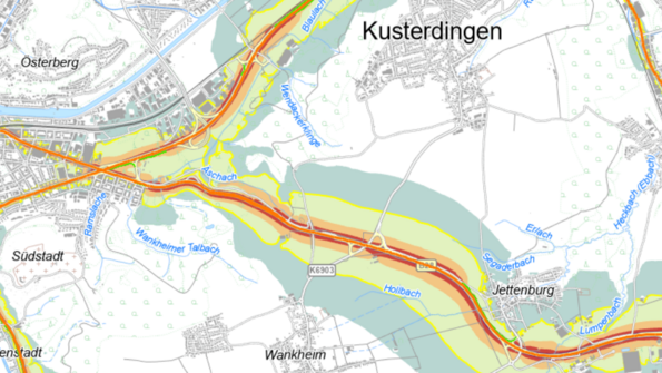 Ausschnitt der Lärmkarte LNight 22-06 Uhr aus der Lärmerfassung 2022 bei Kusterdingen