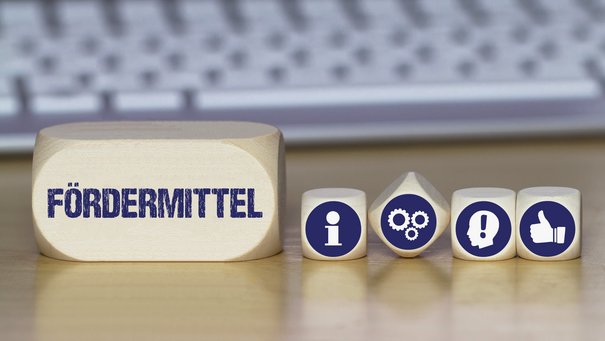 Symbolbild Foerderprogramme mit Würfelnsymboplen zu Prozessen, Geld, Info