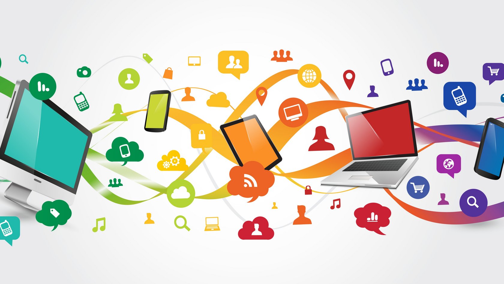 Illustration bunte Monitore, Laptops, Smartphons, Icons usw.