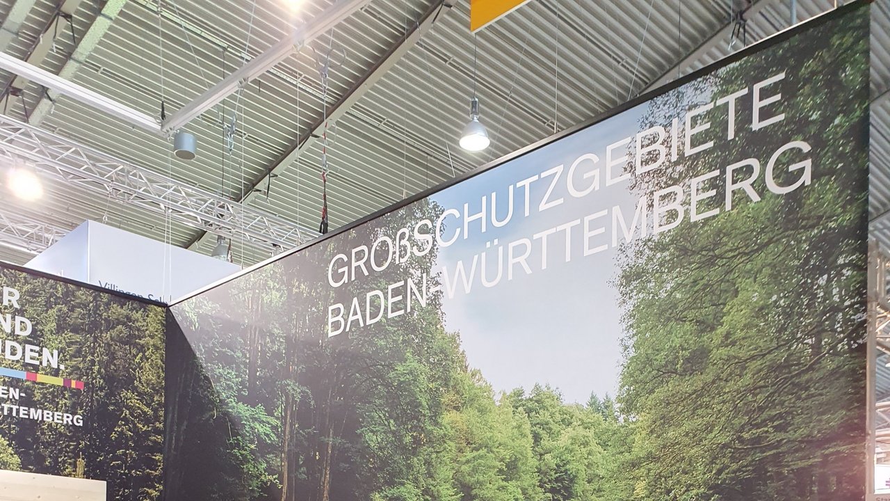 Das Foto zeigt einen Messestand mit Stellwänden. Davor mehrere interessierte Personen