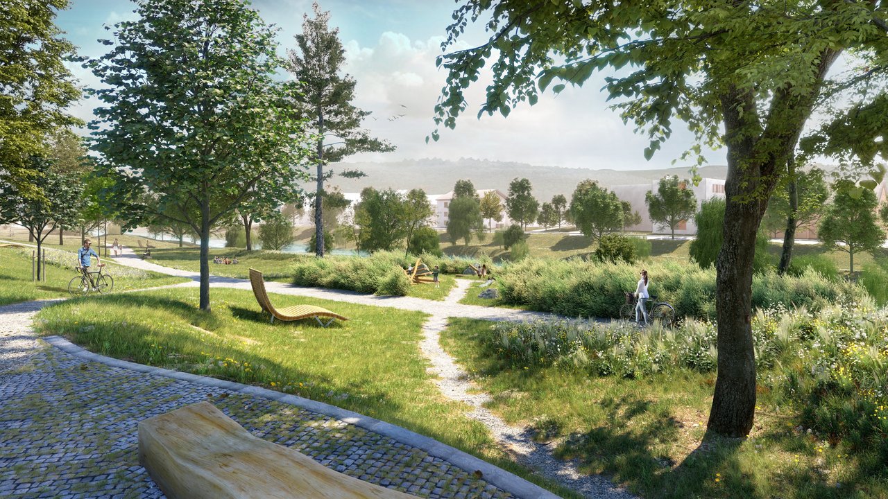 Visualisierung der zukünftigen Parkgestaltung am Neckar Das Bild zeigt Bäume, Grünflächen, eine Liegebank, Wege, Sträucher, zwei Radfahrer, Kinderspielplatz, spielende Kinder