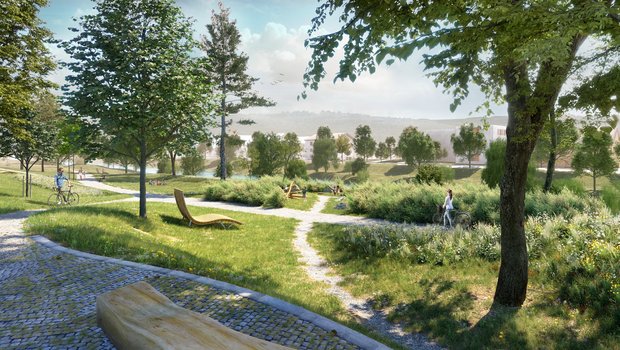Visualisierung der zukünftigen Parkgestaltung am Neckar Das Bild zeigt Bäume, Grünflächen, eine Liegebank, Wege, Sträucher, zwei Radfahrer, Kinderspielplatz, spielende Kinder