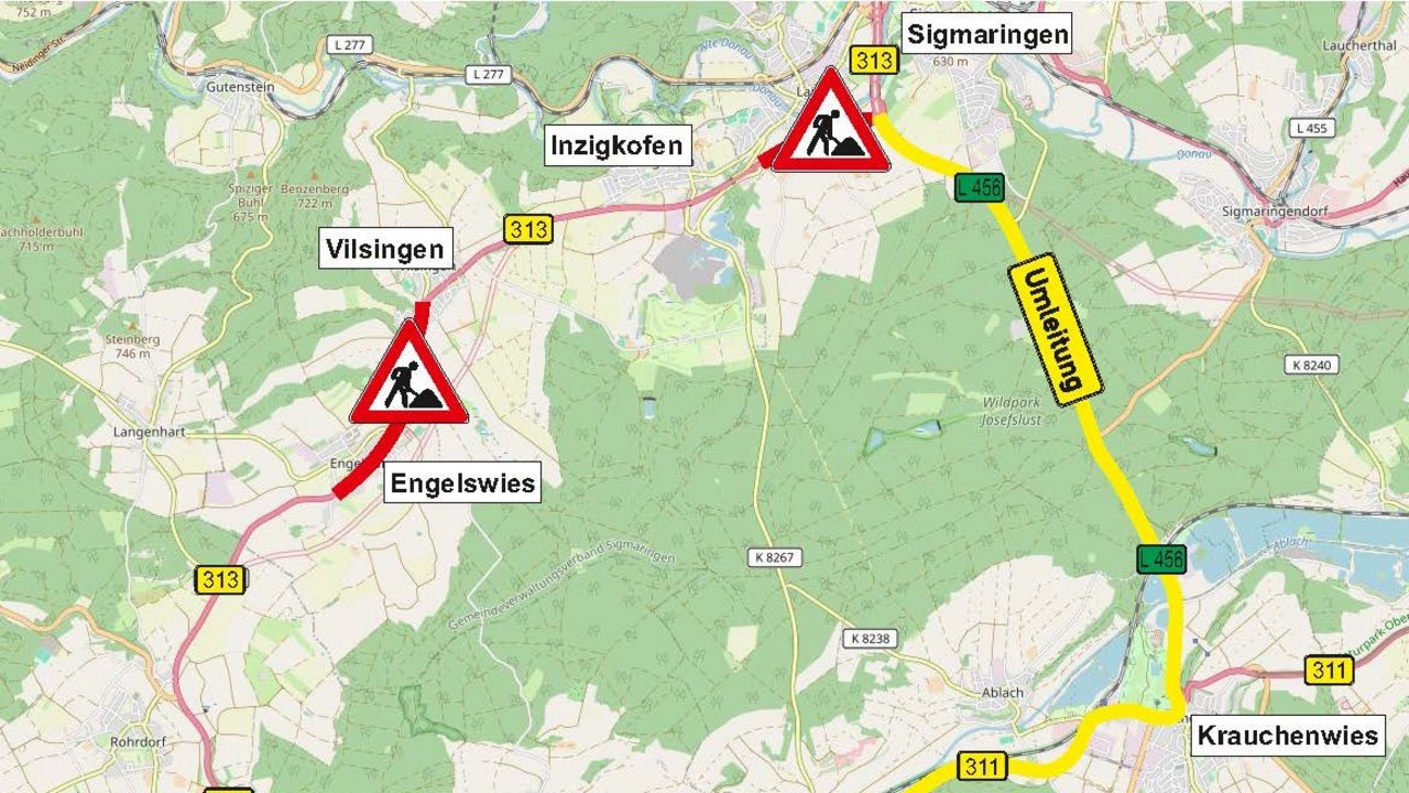 Das Foto zeigt die Umleitungsskizze B 313 Engelswies - Vilsingen