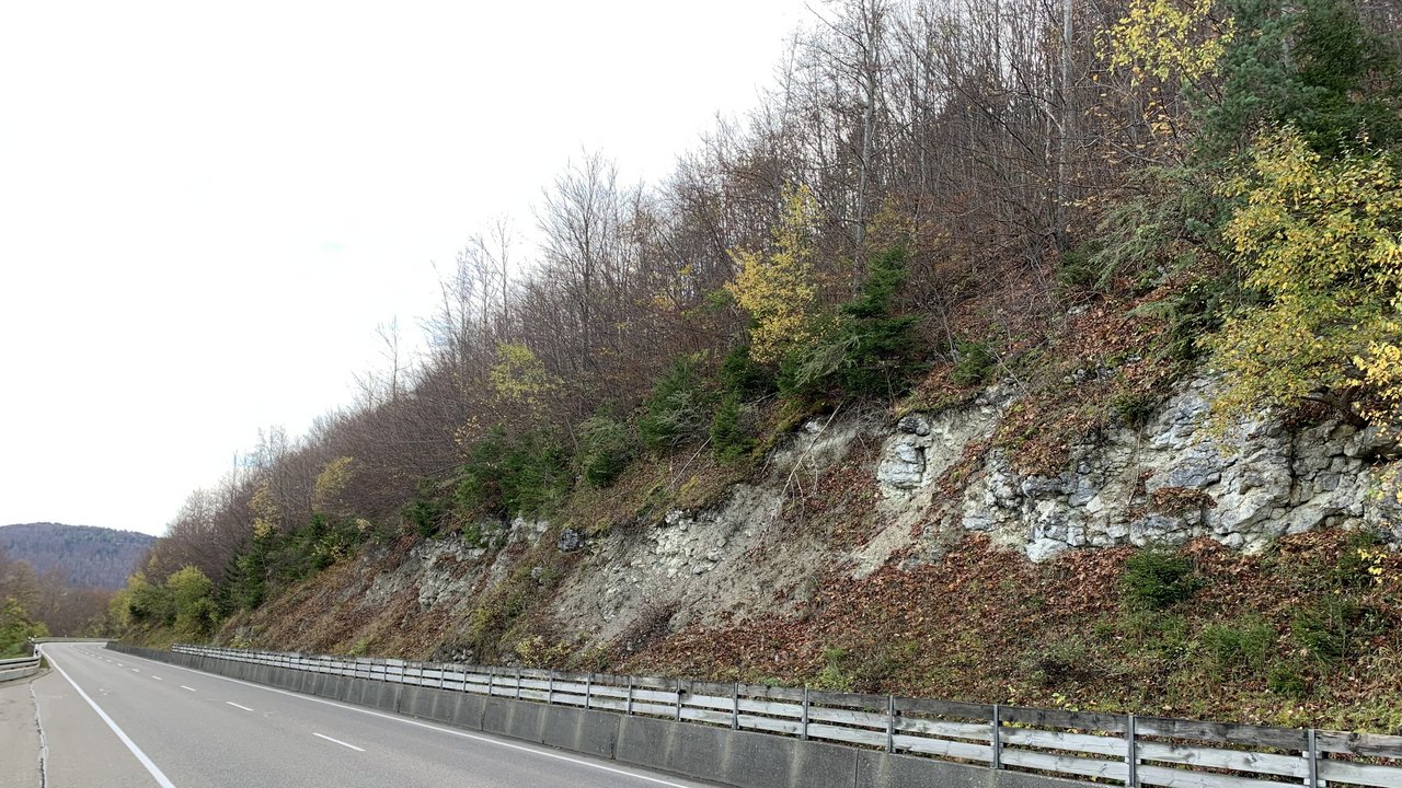 Das Bild zeigt die Meßstetter Steige; rechts eine Felsböschung und unterhalb ein Holzzaun und links eine Parkbucht