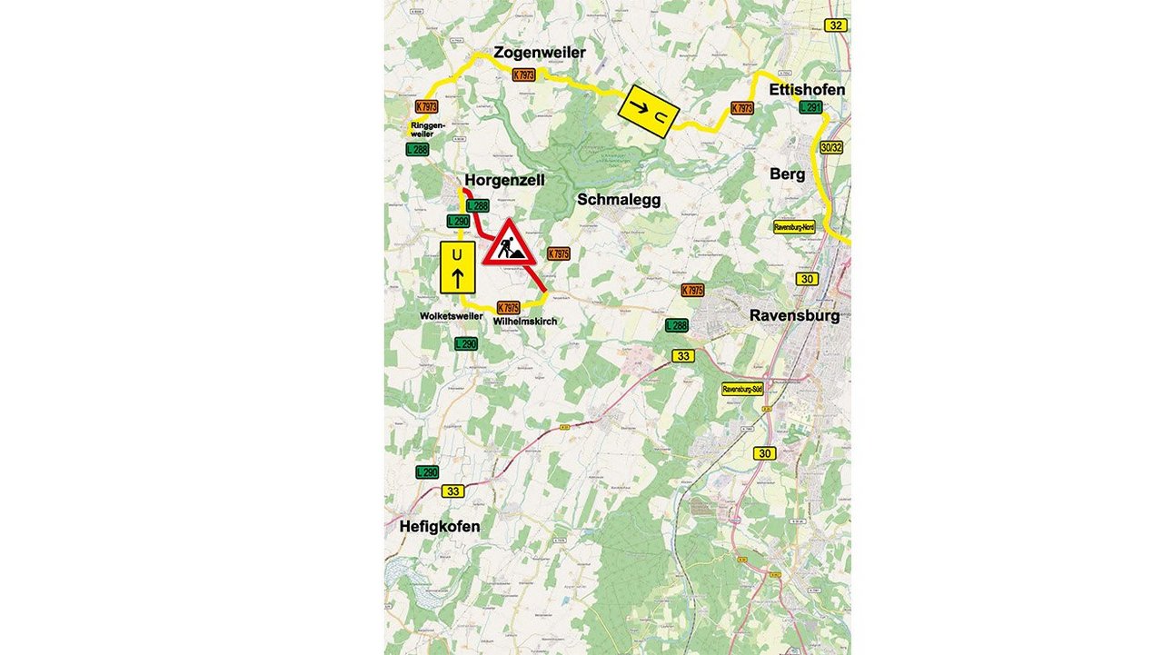 Das Foto zeigt die Umleitungsskizze L 288 Horgenzell - Ravensburg; 1. Bauabschnitt