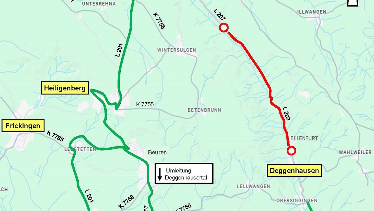 Das Foto zeigt die Umleitungsskizze L 207 zwischen Deggenhausertal-Ellenfurt und Heiligenberg-Echbeck