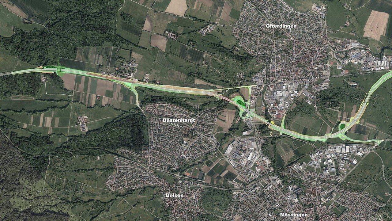 Das Bild zeigt den Lageplan des geplanten zweibahnigen Ausbaus der B 27 zwischen Bodelshausen und Nehren