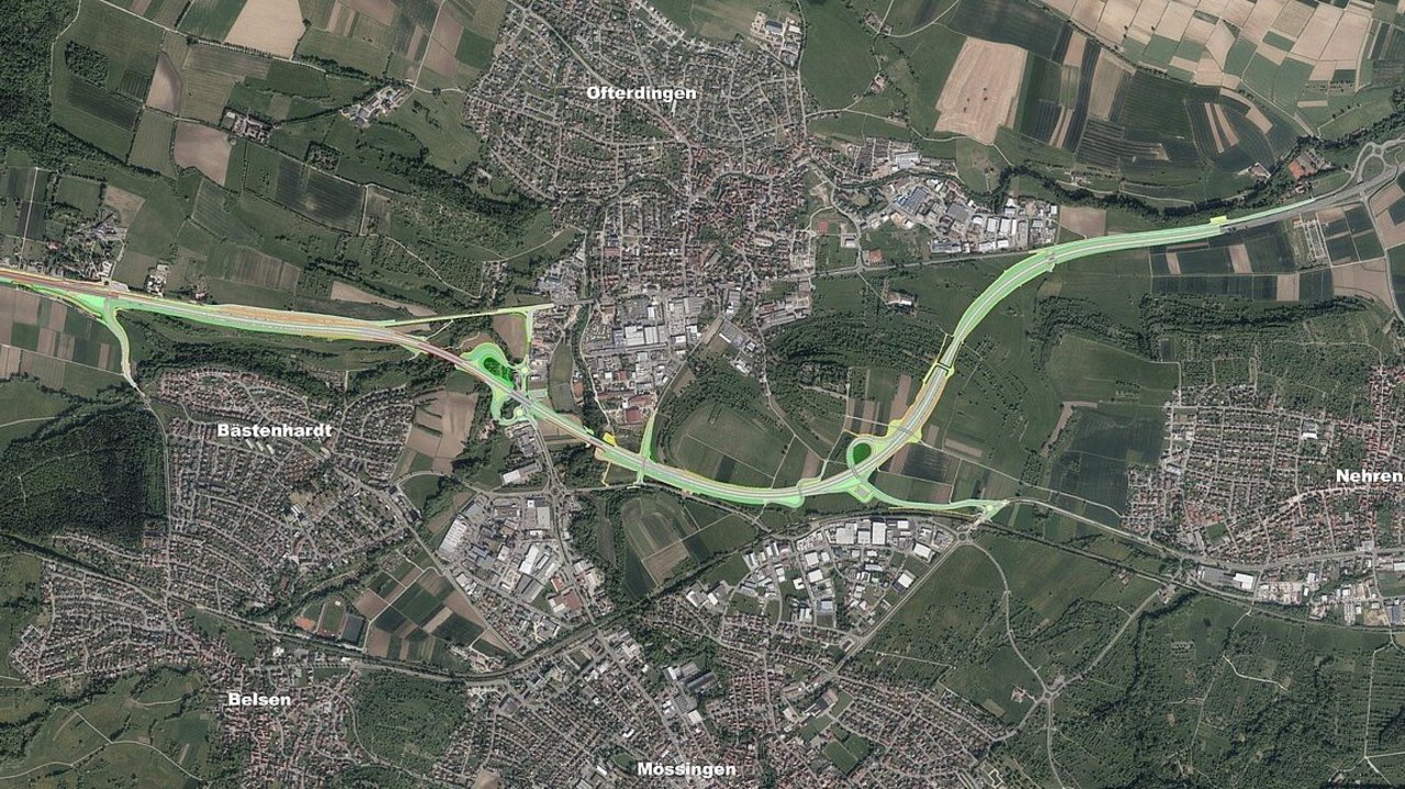 Das Bild zeigt den Lageplan des geplanten zweibahnigen Ausbaus der B 27 zwischen Bodelshausen und Nehren