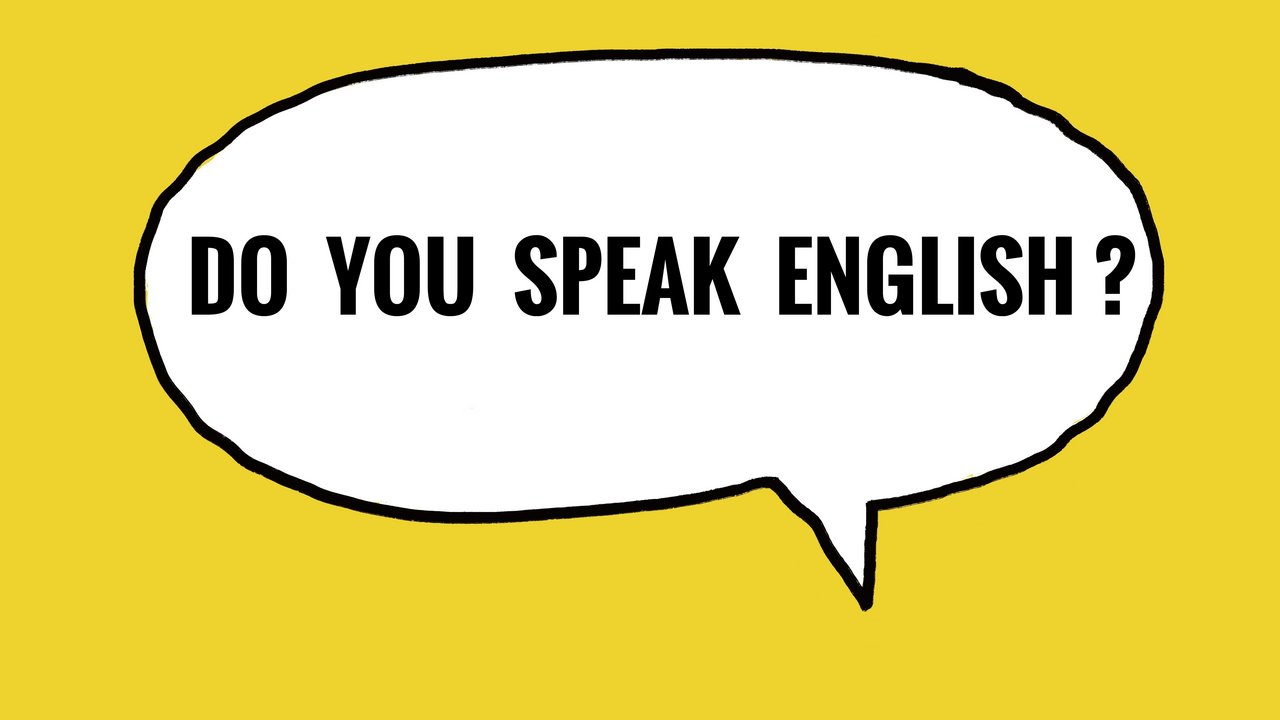 Sprechblase „Do you speak English“ Weiße Sprechblase mit englischem Text: „Do you speak English“ auf gelbem Hintergrund