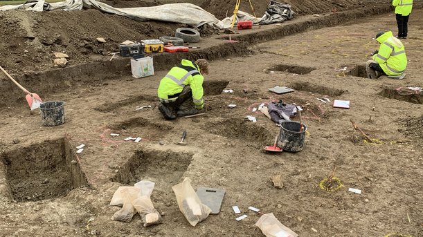 Mehrere Menschen graben von Hand in der Erde. Einige Löcher sind mit Sprühfarbe markiert.