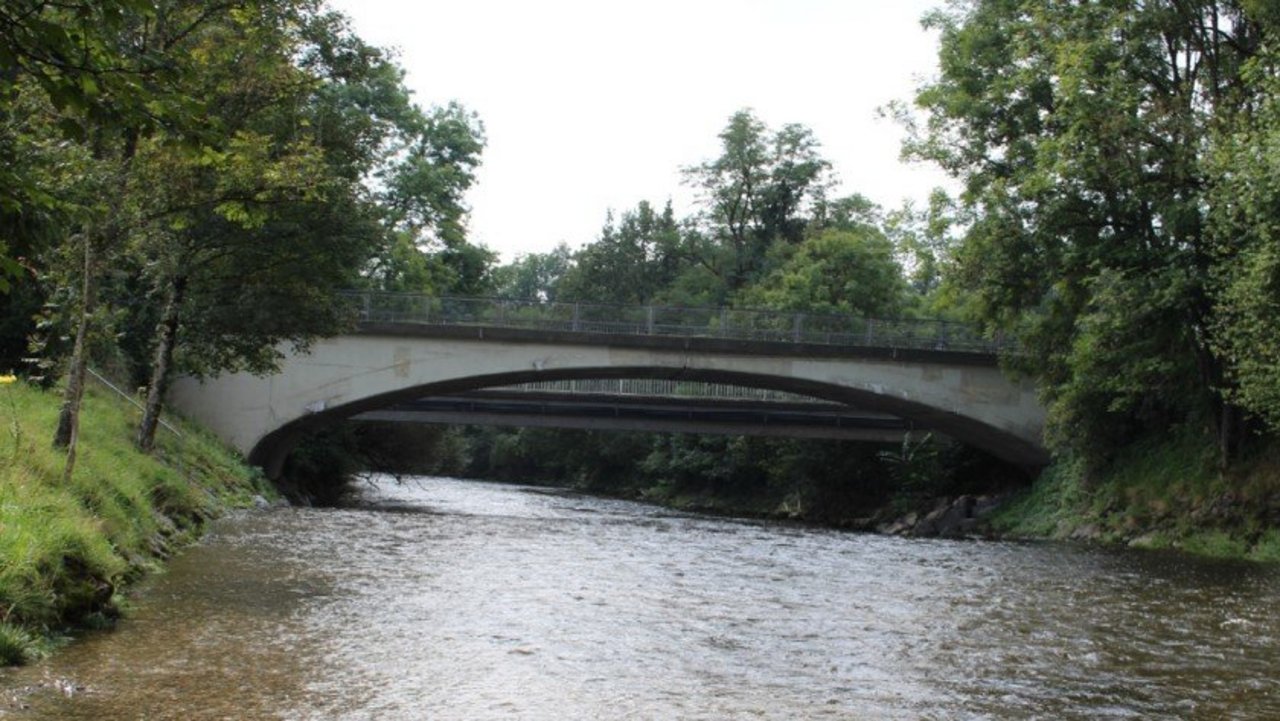 Man blickt auf eine Brücke, die über die Untere Argen führt; Im Hintergrund Bäume