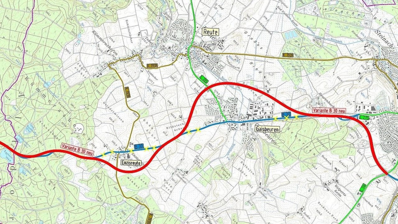 Das Foto zeigt eine Übersichtskarte bezüglich der B 30 Ortsumgehungen Enzisreute und Gaisbeuren