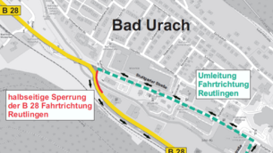 Phase 0: Ab Montag, 05. Mai 2025 wird der Verkehr auf der B 28 Richtung Reutlingen über die Stuttgarter Straße umgeleitet. Ein Plan, der die Umleitungsstrecke während der Phase 0 zeigt.