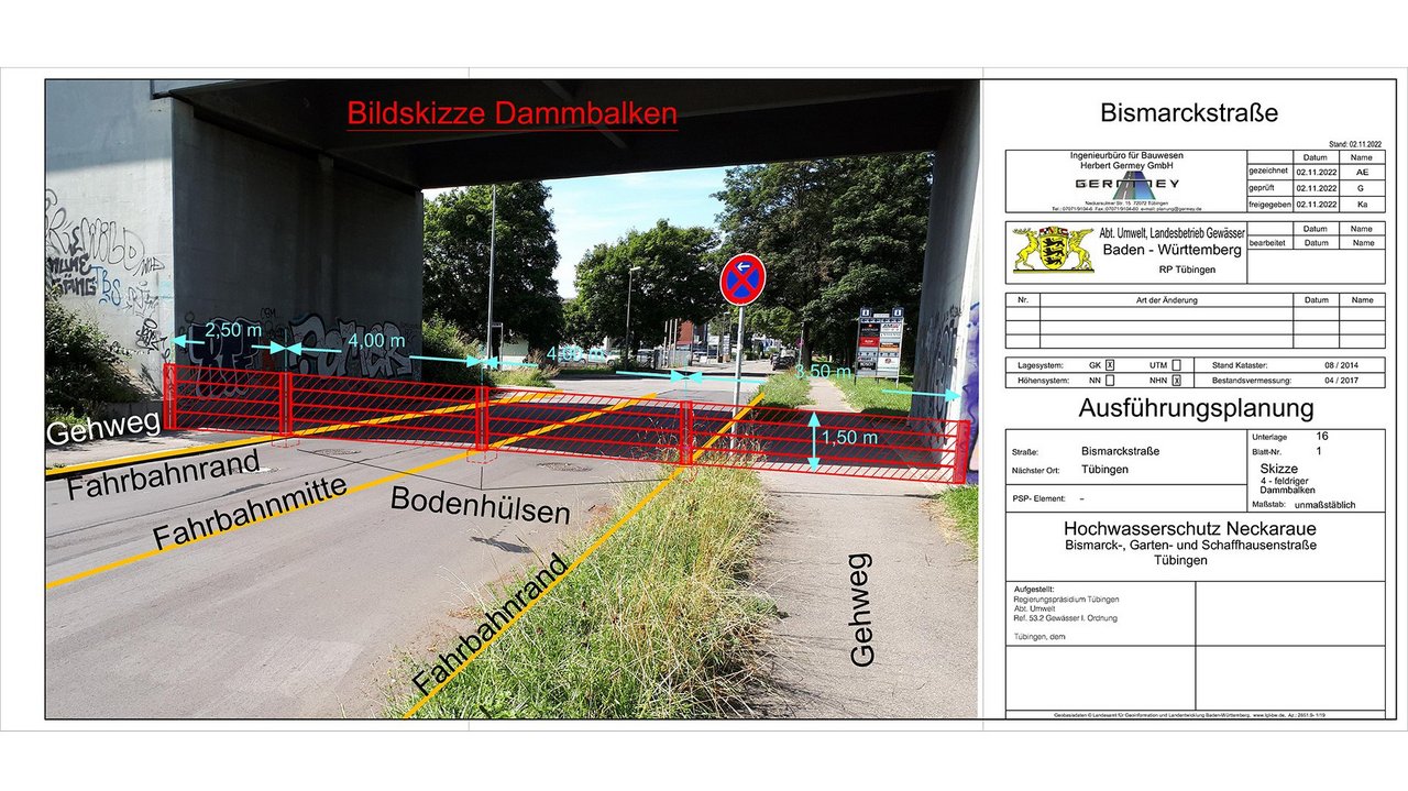 Hochwasserschutz Tübingen in der Bismarckstraße | Bildskizze Dammbalken Das Foto zeigt eine Bildskizze zum Hochwasserschutz in der Bismarckstraße in Tübingen
